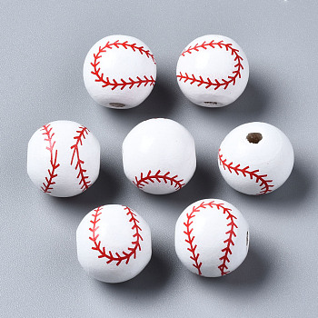 Painted Natural Wood European Beads, Large Hole Beads, Printed, Baseball, White, 16x15mm, Hole: 4mm