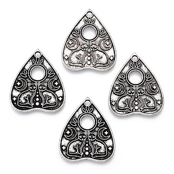 Tibetan Style Alloy Pendants, Heart with Cat Pattern, Antique Silver, 26x22x1.5mm, Hole: 2mm