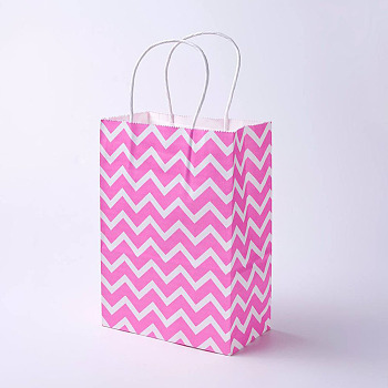 kraft Paper Bags, with Handles, Gift Bags, Shopping Bags, Rectangle, Wave Pattern, Pink, 21x15x8cm