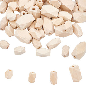 PandaHall Elite Unfinished Wood Beads, Natural Wooden Beads, Faceted, Polygon, BurlyWood, 13x9.5x10mm, Hole: 3mm, 80pcs/bag