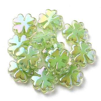UV Plated Acrylic Beads, Iridescent, Bead in Bead, Clover, Yellow Green, 25x25x8mm, Hole: 3mm