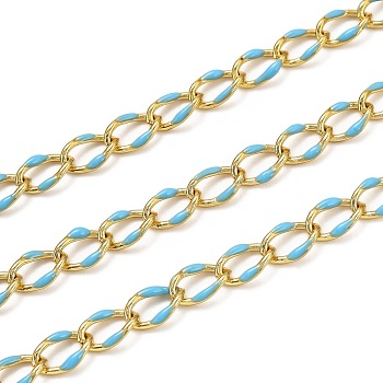 Brass Curb Chains, with Enamel, Spool, Long-Lasting Plated, Soldered, Golden, Deep Sky Blue, Link: 10.3x7x1.25mm