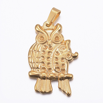 Ion Plating(IP) 304 Stainless Steel Pendant Rhinetsone Settings, Owl, Golden, 34x22.5x3mm, Hole: 8x4mm, Fit for 1.5~2mm Rhinestone