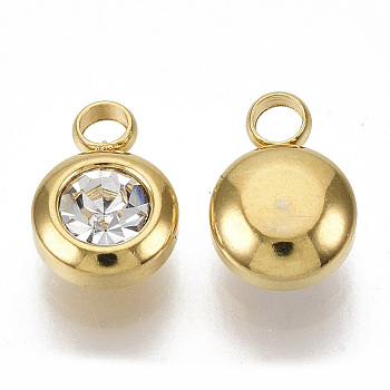 Rhinestone Charms, April Birthstone Charms, with 201 Stainless Steel, Flat Round, Golden, Crystal, 9x6.5x4mm, Hole: 1.8mm