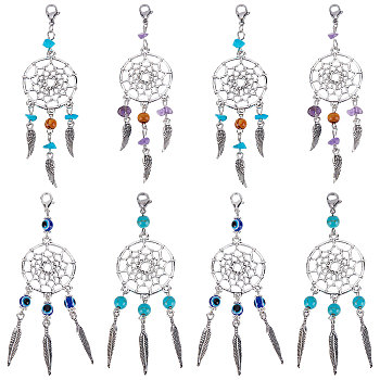 16Pcs 4 Styles Alloy Pendant Decorations, Woven Net/Web with Feather Charm, with Gemstone/Resin Beads and Brass Lobster Claw Clasps, Antique Silver and Platinum, 85.5~98mm, 4pcs/style