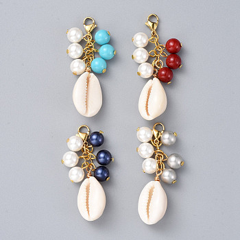 Cowrie Shell Big Pendants, with Shell Pearl Beads, Stainless Steel Lobster Claw Clasps and Iron Head Pins, Golden, Mixed Color, 51mm