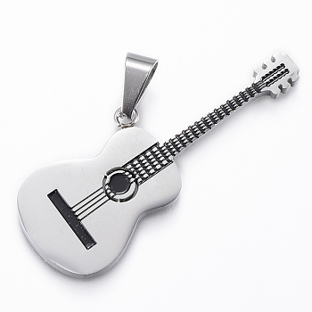 304 Stainless Steel Big Pendants, with Enamel, Guitar, Stainless Steel Color, 50x19x2.5mm, Hole: 9mm