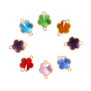 Glass Connector Charms, with Light Gold Plated Alloy Open Back Berzel Findings, Flower, Light Gold, Mixed Color, 15.5x12x5mm, Hole: 1.4mm, 4pcs/bag