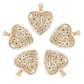 5Pcs Brass Micro Pave Clear Cubic Zirconia Pendants, Nickel Free, Heart, Real 18K Gold Plated, 21x20x4mm, Hole: 3x5mm