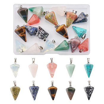 20Pcs 10 Styles Natural & Synthetic Mixed Gemstone Pendants, Cone/Spike Charm, with Platinum Plated Iron Findings, 25~27x14x14mm, Hole: 7x3mm, 2pcs/style