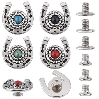 8Pcs 4 Styles Alloy & Natural African Turquoise(Jasper) & Natural Carnelian & Natural Black Stone & Dyed Natural Blue Agate Decorative Rivets, with Screw, Horse Shoes, Platinum, 20.8mm