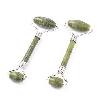 Natural Xinyi Jade, Chinese Southern Jade Brass Face Massager, Facial Rollers, Platinum, 142~150x54~58x19~22mm