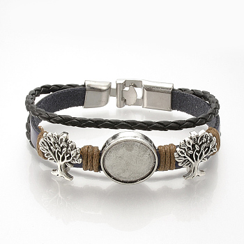 Imitation Leather Bracelet Making, with Alloy Cabochon Setting and Waxed Cords, Tree, Antique Silver, Dark Blue, Tray: 18mm, 7-3/4 inch(197mm)