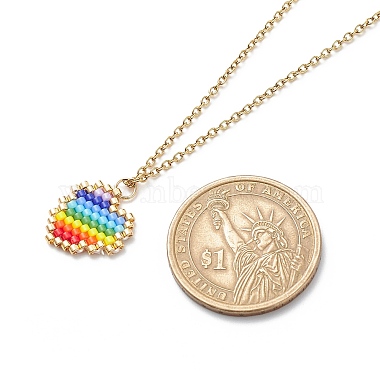 Rainbow Color Japanese Seed Braided Heart Pendant Necklace with 304 Stainless Steel Chains for Women(NJEW-MZ00005)-2