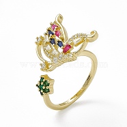 Colorful Cubic Zirconia Butterfly with Flower Open Cuff Ring, Rack Plating Brass Jewelry for Women, Cadmium Free & Lead Free, Real 18K Gold Plated, US Size 10 1/4(19.9mm)(RJEW-F129-05G)