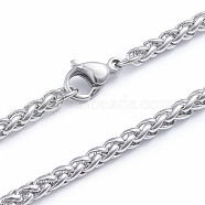 304 Stainless Steel Wheat Chain Necklaces, with Lobster Claw Clasps, Stainless Steel Color, 25.6 inch(65cm)(NJEW-L173-015-P)