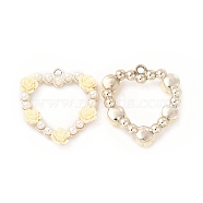 Alloy Pendants, Heart Charms, with ABS Imitation Pearl Beads and Resin, Light Gold, Light Goldenrod Yellow, 29x27.5x5mm, Hole: 2.3mm(PALLOY-E014-02LG-01)
