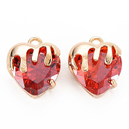 Brass Micro Pave Cubic Zirconia Charms, Real 18K Gold Plated, Nickel Free, Heart, Red, 13x11x7.5mm, Hole: 1.6mm(KK-N232-302A-08)