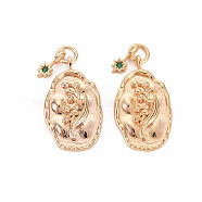 Brass Emerald Rhinestone Pendants, Birth Flower Charms, Nickel Free, Oval with Star, Real 18K Gold Plated, May Lily of the Valley, 23x13x2mm, Hole: 3mm, Star: 9x4x1mm(KK-S364-221)