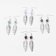 Natural Gemstone Beads Dangle Earrings, with Tibetan Style Alloy Pendants, Iron Eye Pin and Brass Earring Hooks, Leaf, 70mm, Pin: 0.5mm(EJEW-JE02574)