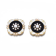 Alloy Enamel Cabochons, with ABS Plastic Imitation Pearl, Cadmium Free & Lead Free, Rhombus with Flower, Black, 18.5x18.5x4mm, Side Length: 17.5mm(ENAM-T017-01A)