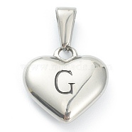 304 Stainless Steel Pendants, Heart with Black Letter, Stainless Steel Color, Letter.G, 16x16x4.5mm, Hole: 7x3mm(X-STAS-P278-01G-P)