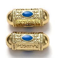 Brass Enamel Beads, Long-Lasting Plated, Real 18K Gold Plated, Oval & Word, Blue, 19x9x9mm, Hole: 2mm(KK-B028-23G-D)