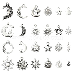 48Pcs 24 Styles Tibetan Style Alloy Pendants Sun/Star/Moon, Mixed Color, 7~28.5x5~23x2mm, Hole: 1~2mm, 2pcs/style(DIY-YW0008-84)