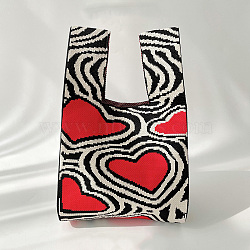 Polyester Heart Print Knitted Tote Bags, Cartoon Crochet Handbags for Women, Black, 36x20cm(PW-WG24464-03)