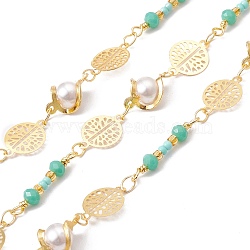 Handmade Eco-friendly Brass Flat Round & Round Link Chain, with Glass Pearl & Seed Beaded, Real 18K Gold Plated, Lead Free & Cadmium Free, Soldered, with Spool, Teal, 12x8.5x6mm, 12x8.5x0.2mm, 21x3.5mm(CHC-E025-08G)