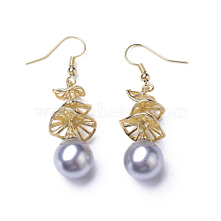 Synthetic Shell Pearl Dangle Earrings, with Brass Findings, Round, Silver, 49mm, Pin: 0.5mm(EJEW-P179-03G-05)