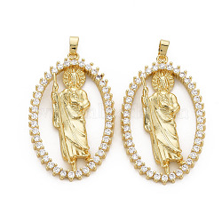 Brass Micro Pave Cubic Zirconia Pendants, Nickel Free, Oval with Avalokitesvara, Real 16K Gold Plated, 42x26.5x5mm, Hole: 2x5mm(KK-Q252-049-NF)