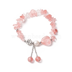 Cherry Quartz Glass Charm Bracelets for Women, Cultured Freshwater Pearl Stretch Bracelets, Inner Diameter: 2 inch(5.2cm)(BJEW-JB09926-01)