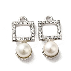 Alloy with Rhinestone Pendants, with ABS Imitation Pearl, Square Charms, Platinum, 25x12x9mm, Hole: 2mm(FIND-B032-24P)