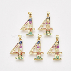 Brass Cubic Zirconia Pendants, Real 14K Gold Plated, Colorful, Number, Num.4, 24x16x1.5mm, Hole: 4x3mm(ZIRC-S062-01B-4)