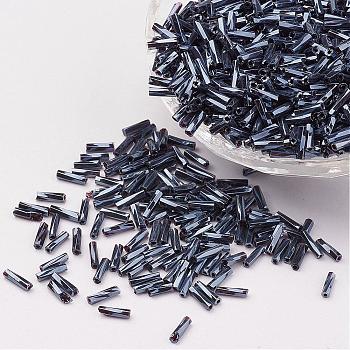 Glass Twisted Bugle Beads, Metallic Colours, Hematite Plated, 6x2mm, Hole: 0.5mm, about 10000pcs/bag