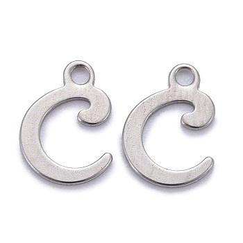 304 Stainless Steel Pendants, Alphabet, Stainless Steel Color, Letter.C, 11x8x1mm, Hole: 1.5mm