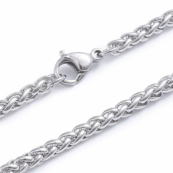 304 Stainless Steel Wheat Chain Necklaces, with Lobster Claw Clasps, Stainless Steel Color, 25.6 inch(65cm)