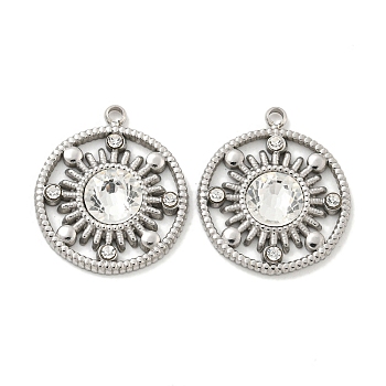 304 Stainless Steel Pendants, with Crystal Rhinestone, Flat Round Charms, Stainless Steel Color, 19x16.5x4mm, Hole: 1.5mm