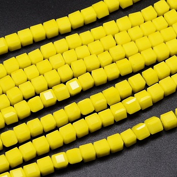 Faceted Cube Glass Bead Strands, Yellow, 5.5x5.5x5.5mm, Hole: 1mm, about 94pcs/strand, 20.4 inch