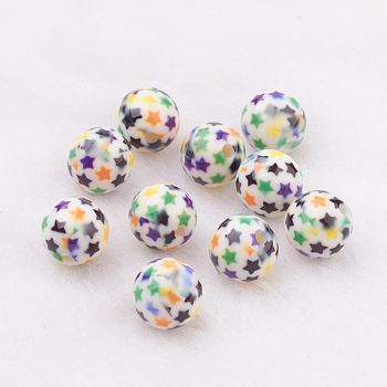 Spray Painted Resin Beads, with Star Pattern, Round, Colorful, 10mm, Hole: 2mm