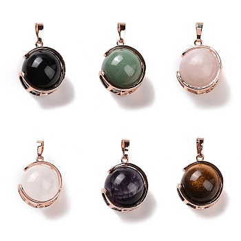 Natural Mixed Stone Pendants, Ball Sphere Charms with Rose Gold Tone Brass Findings, 24x21x18mm, Hole: 8x5mm