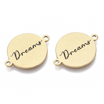 201 Stainless Steel Enamel Links connectors, Flat Round with Word Dreams, Black, Golden, 16x21x1mm, Hole: 1.4mm