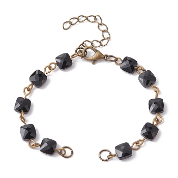 Square Faceted Glass Beaded Link Chain Bracelet Making, with Lobster Claw Clasp, Fit for Connector Charms, Black, 6-1/4~6-3/8 inch(15.8~16.2cm)