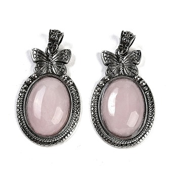 Natural Rose Quartz Pendants, Butterfly Oval Charms, with Antique Silver Tone Alloy Findings, Cadmium Free & Lead Free, 42.5x26x8.5mm, Hole: 4x6mm