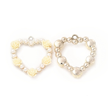 Alloy Pendants, Heart Charms, with ABS Imitation Pearl Beads and Resin, Light Gold, Light Goldenrod Yellow, 29x27.5x5mm, Hole: 2.3mm