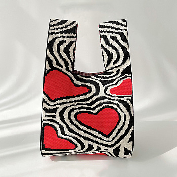 Polyester Heart Print Knitted Tote Bags, Cartoon Crochet Handbags for Women, Black, 36x20cm