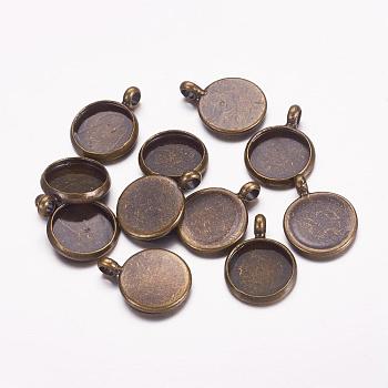 Brass Pendant Cabochon Settings, Plain Edge Bezel Cups, Nickel Free, Antique Bronze, Tray: 10mm, 12x2mm, Hole: 3mm