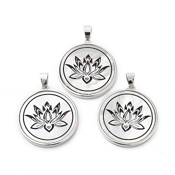 Natural White Shell Pendants, Platinum Plated Brass Flat Round Charms, Flower, 30x27x3mm, Hole: 4x6mm
