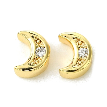 Brass Micro Pave Cubic Zirconia Beads, Moon, Real 18K Gold Plated, 8x6x3.8mm, Hole: 1mm